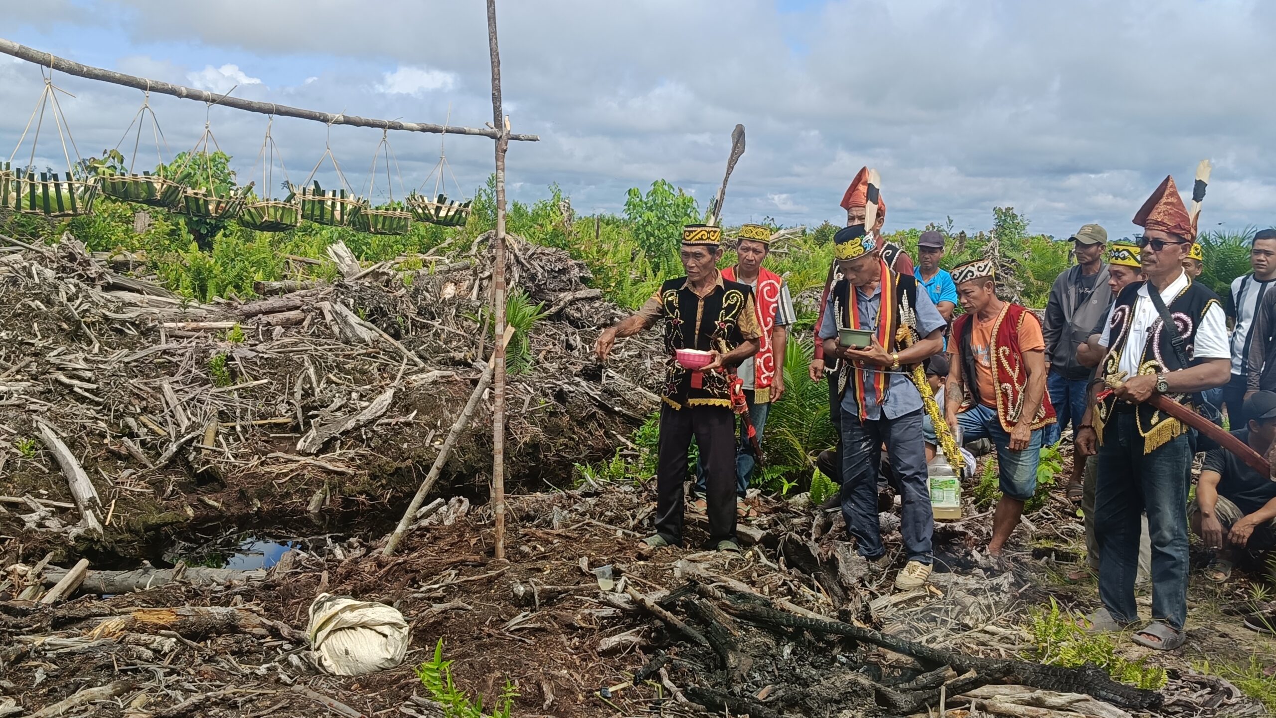 Masyarakat Adat Dayak Taman Desa Sibau Hilir Kecamatan Putussibau Utara menggelar ritual adat keselamatan Banua Sio di lokasi hutan adat yang digarap PT Borneo International Anugerah (BIA)
